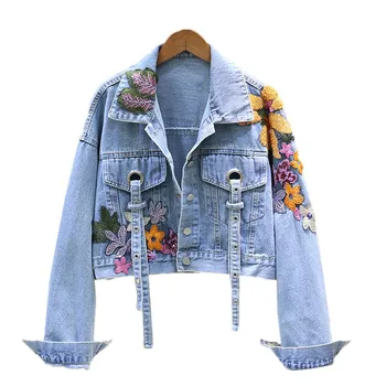 Осенняя джинсовая куртка, Женская джинсовая куртка с цветочной вышивкой и пайетками, Пальто Свободного Кроя с длинным рукавом, Повседневная студенческая короткая одежда, Уличная одежда H302