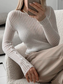 Женский вязаный свитер, прозрачный топ из прозрачной сетки, Сексуальный вязаный пуловер свободного кроя с круглым вырезом и ребрами, джемпер, топ