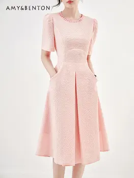 Летняя новая женская одежда 2023 Года, высококачественное Темпераментное шифоновое платье с бисером, платье средней длины, облегающее платье трапециевидной формы