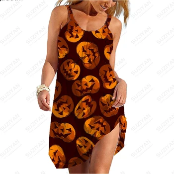 Модная Новая Летняя Женская Гавайская Пляжная юбка с 3D Принтом Тыквы на Хэллоуин, с U-образным вырезом, коротким рукавом, Женская юбка Трапециевидной формы