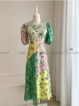 Женское льняное платье миди с коротким рукавом и цветочным принтом в стиле пэчворк