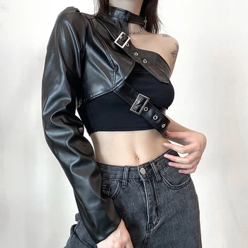 Weekeep, Готическая Черная куртка из искусственной кожи, Женская одежда в стиле хип-хоп с пряжкой на одно плечо, Модная Уличная Одежда, Укороченные куртки, Однотонные