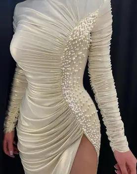 Сексуальное женское платье 2023, Вечернее платье с Длинным рукавом, Плиссированное Платье с пузырьковыми бусинами, Сексуальное Платье с разрезом Сбоку, Плиссированное Тонкое платье