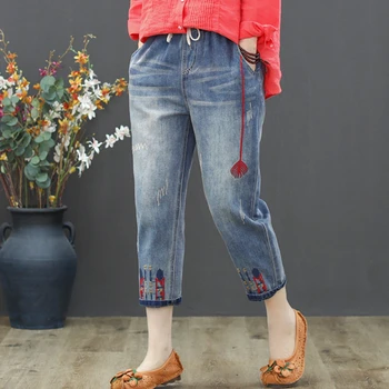 2023 Весенние женские повседневные джинсовые брюки с вышивкой, модные летние женские рваные свободные джинсы, Винтажные женские эластичные шаровары