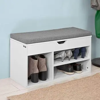 Шкаф для хранения, скамейка для обуви с подъемной столешницей и серой подушкой