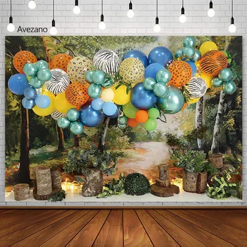 Фон для Фотосъемки Avezano Safari Джунгли Лес Воздушный шар Портрет Мальчика На День Рождения Фон для Разбивания торта Декор для фотостудии Реквизит